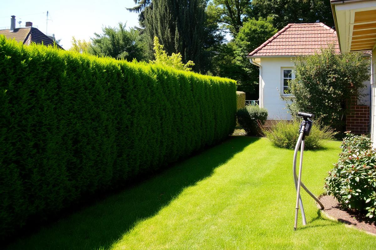 Gepflegter Privatgarten mit geschnittener Hecke und Rasen